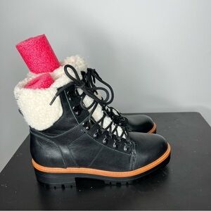Marc Fisher Isabel Hiker Boots Womens 8 Black Leather Faux Fur Lace Up Lug Sole